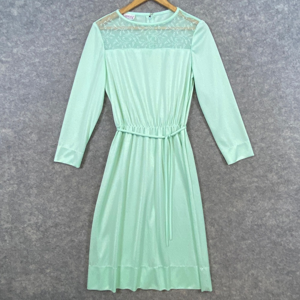 Kay Windsor Vintage 70s Mint Green Lace Long Sleeve Midi Dress Size 14 Secretary